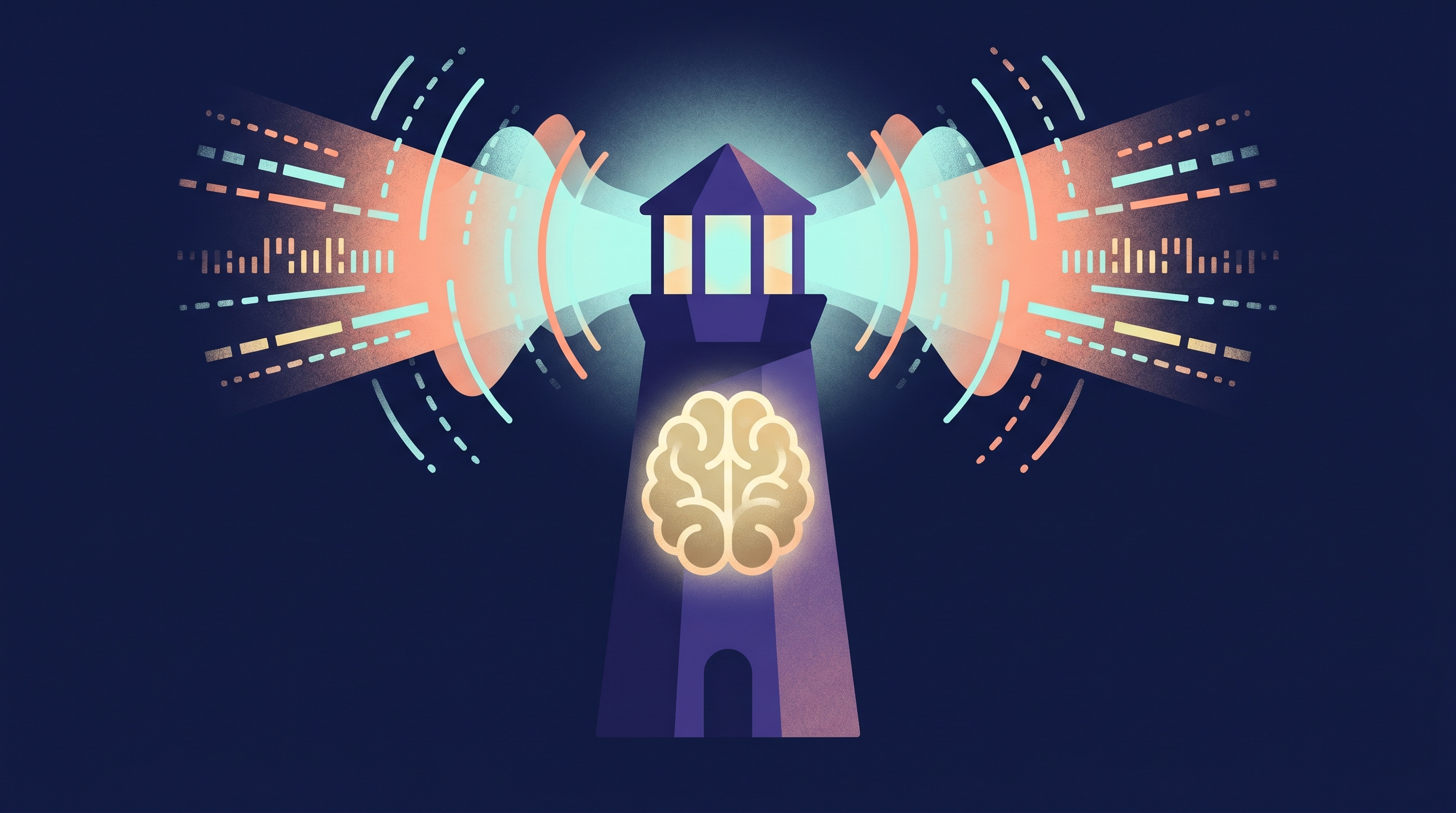 A lighthouse with a glowing brain inside