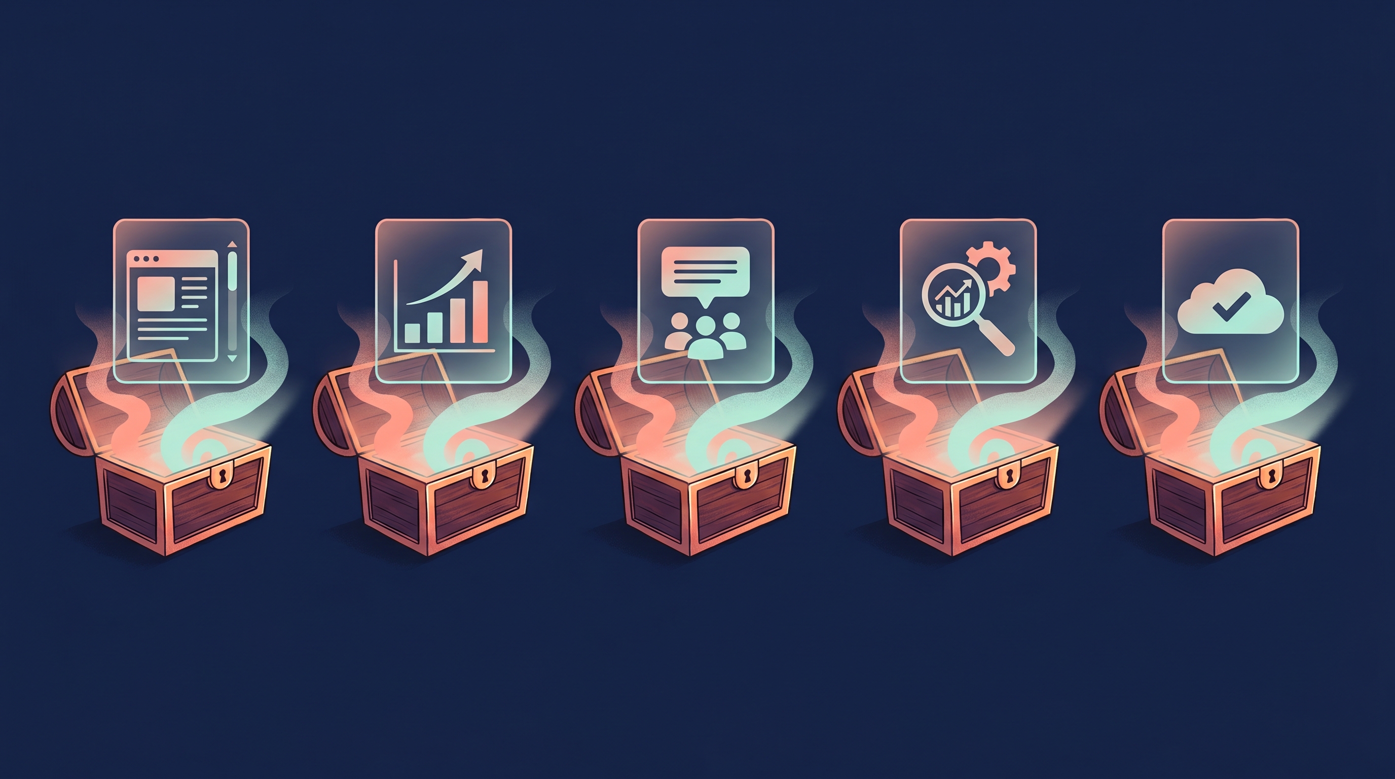 Treasure chests opening with app blueprints inside