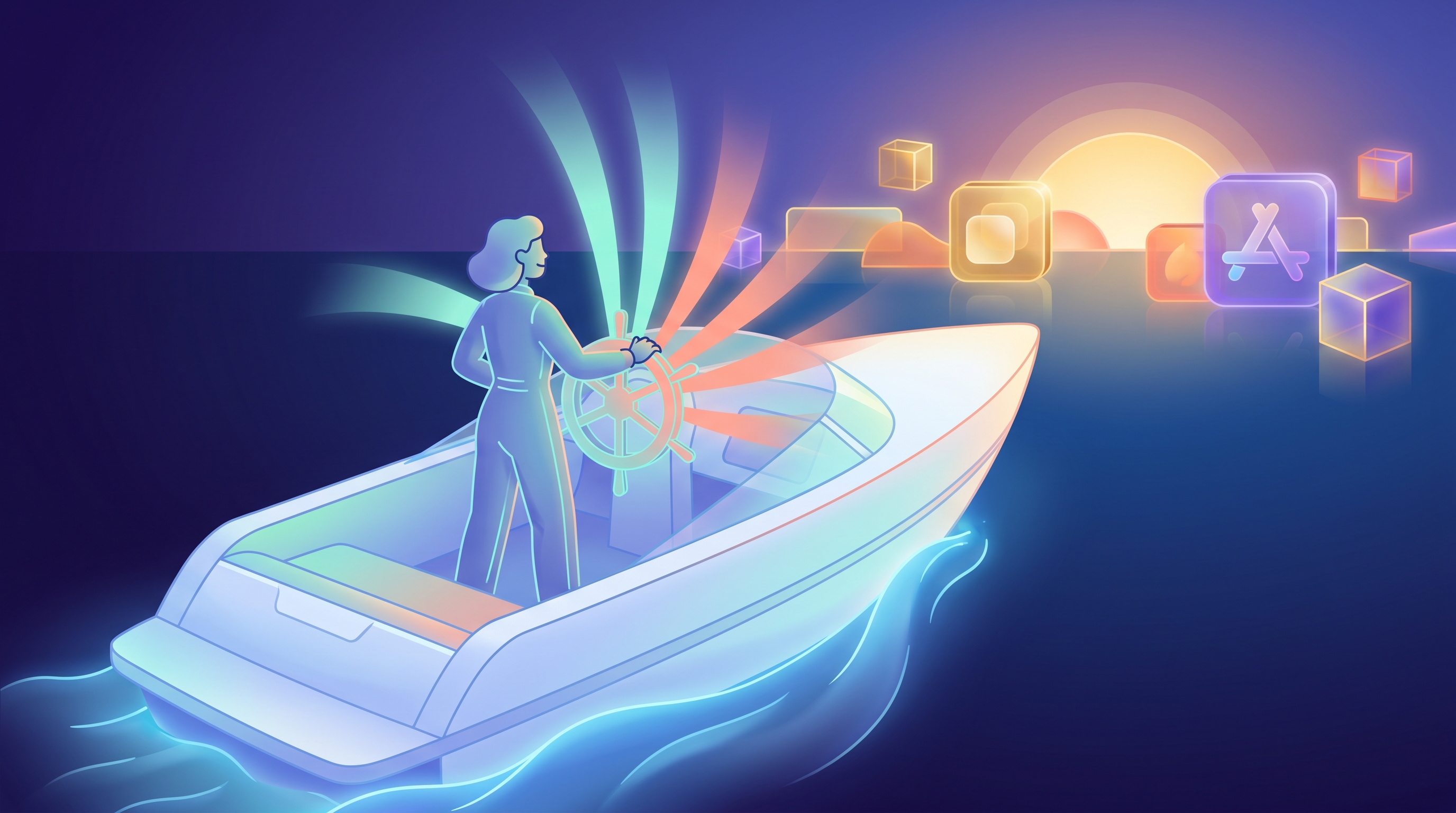 A captain steering a glowing boat toward floating apps