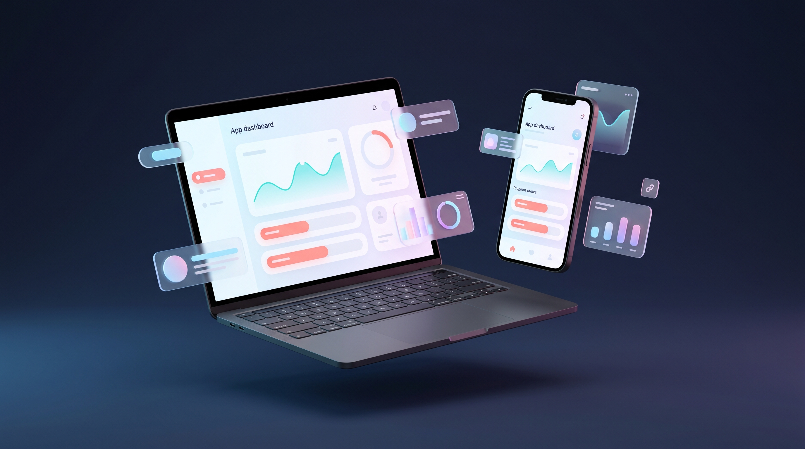 A floating modern dashboard with charts