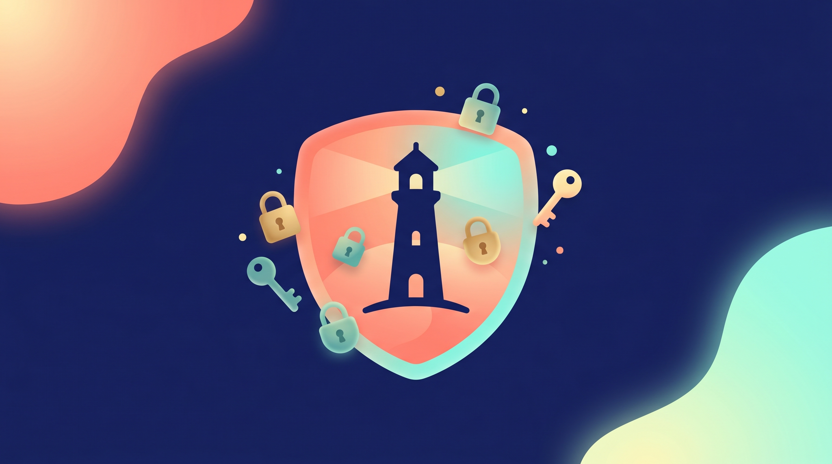 A shield with a lighthouse inside, surrounded by locks