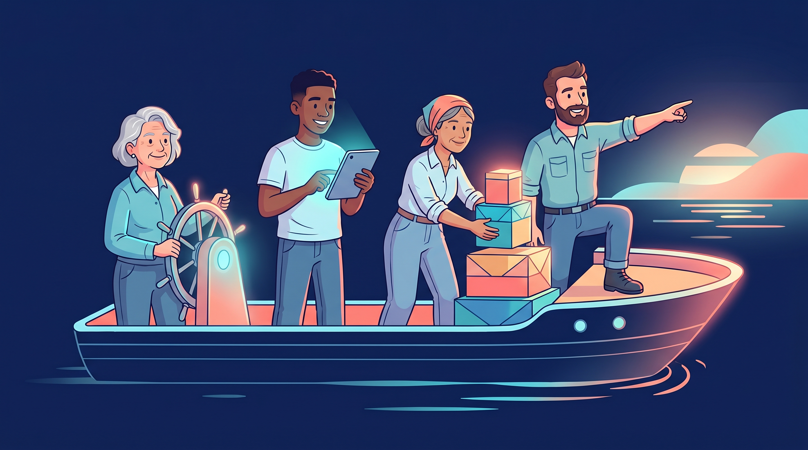 A diverse crew working together on a small ship